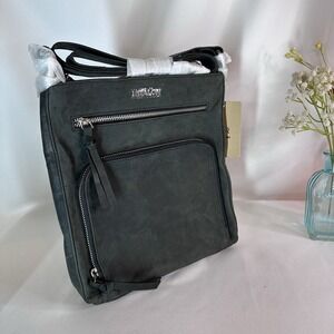 ESTALON Black Genuine Leather Crossbody Bag Purse 10" Pockets Zipper Minimal NWT